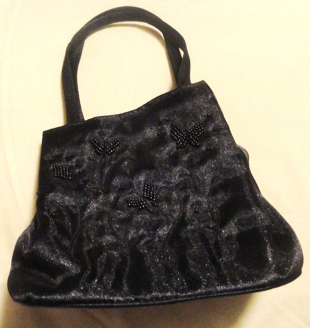 Vintage Black Satin w/Butterflies Small Evening Bag (6777)