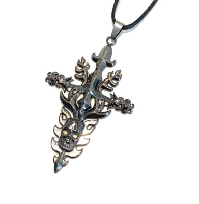 3 Skull Dimensional Cross Black Stainless Steel Pendant 16''  Necklace