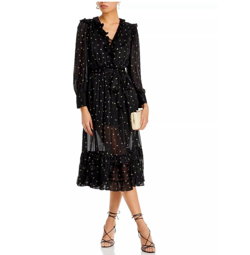 AQUA Ruffle Trim Clip Dot Midi Wrap Dress Women's XS Black/Gold Long Sleeve - Picture 1 of 14