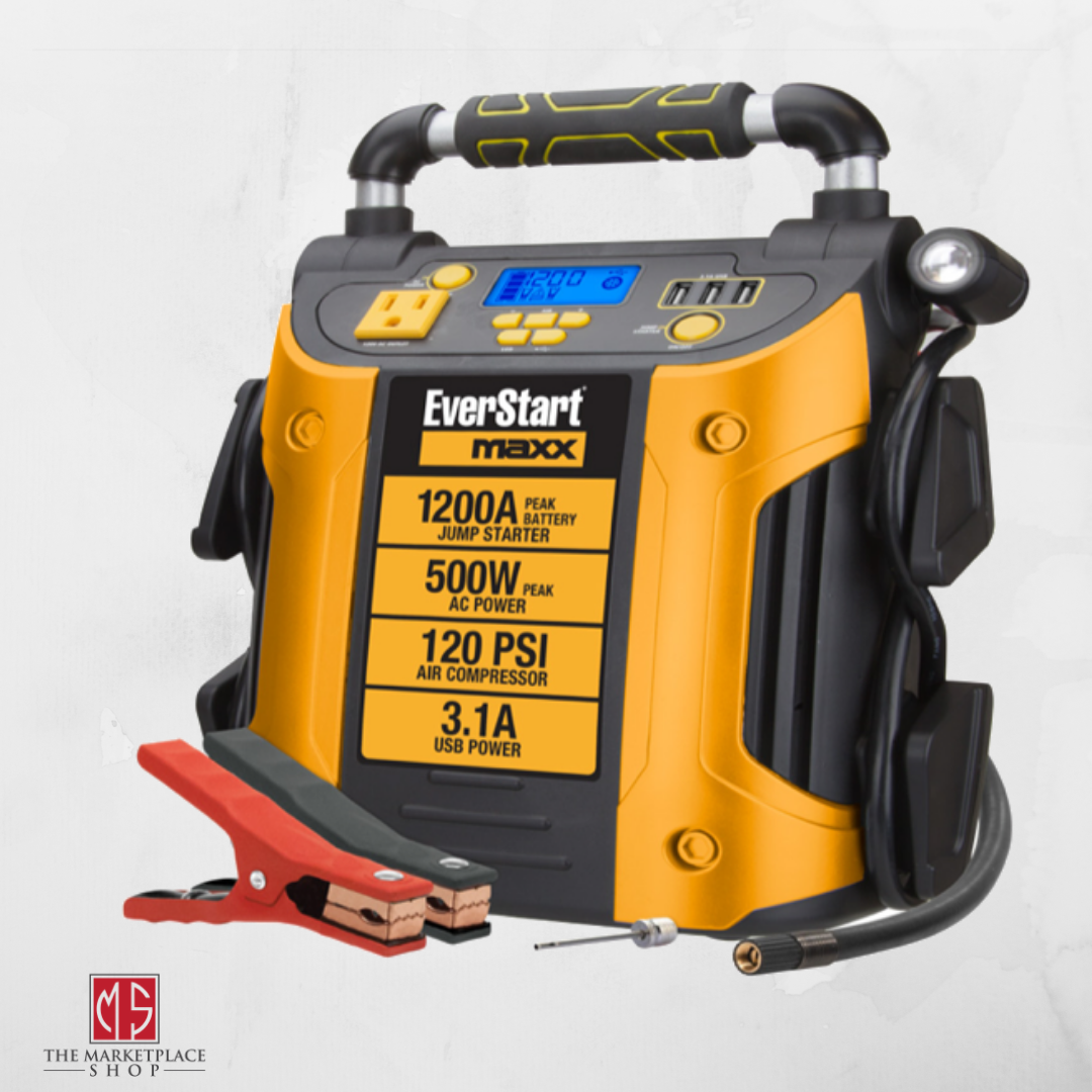 Auto Battery Jump Starter Air Compressor 1200 Peak Amps Portable Car