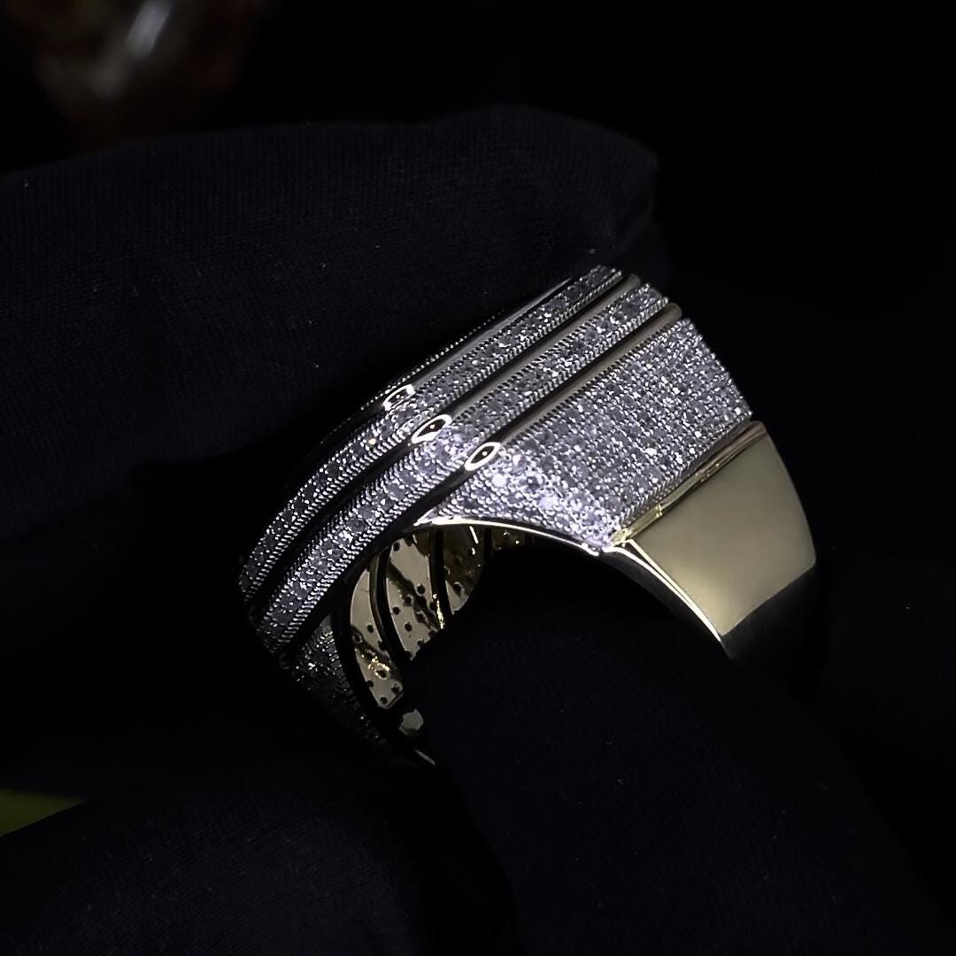 Pre-owned Sterling Iced Out Prong Setting Square Ring | Micro Pave Iced Cz Silver + Gold Plated