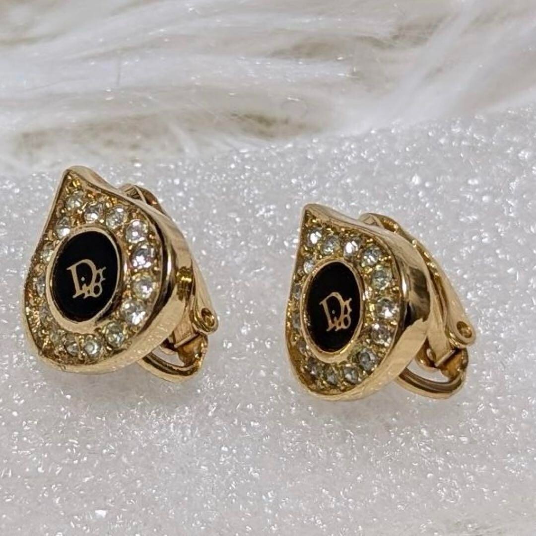 Christian Dior Logo Teardrop Rhinestone Gold Metal Earrings