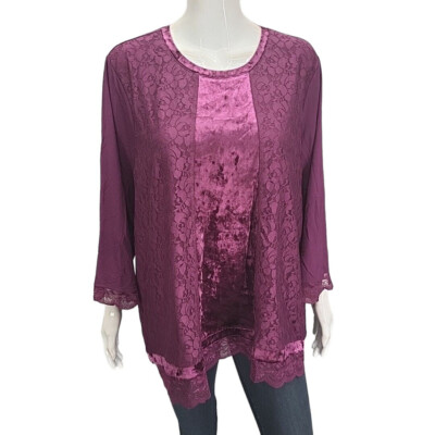 LOGO Lavish by Lori Goldstein Crushed Velvet and Lace Top X-Large Sz Purple