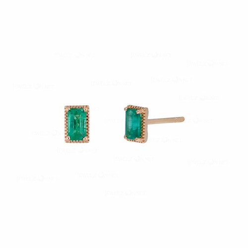 Pre-owned J.o.n Gold 0.40 Ct. Genuine Baguette Emerald May Birthstone Mini Studs Earrings