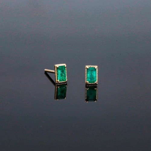 Pre-owned J.o.n Gold 0.40 Ct. Genuine Baguette Emerald May Birthstone Mini Studs Earrings