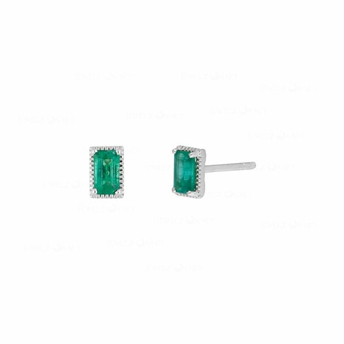 Pre-owned J.o.n Gold 0.40 Ct. Genuine Baguette Emerald May Birthstone Mini Studs Earrings
