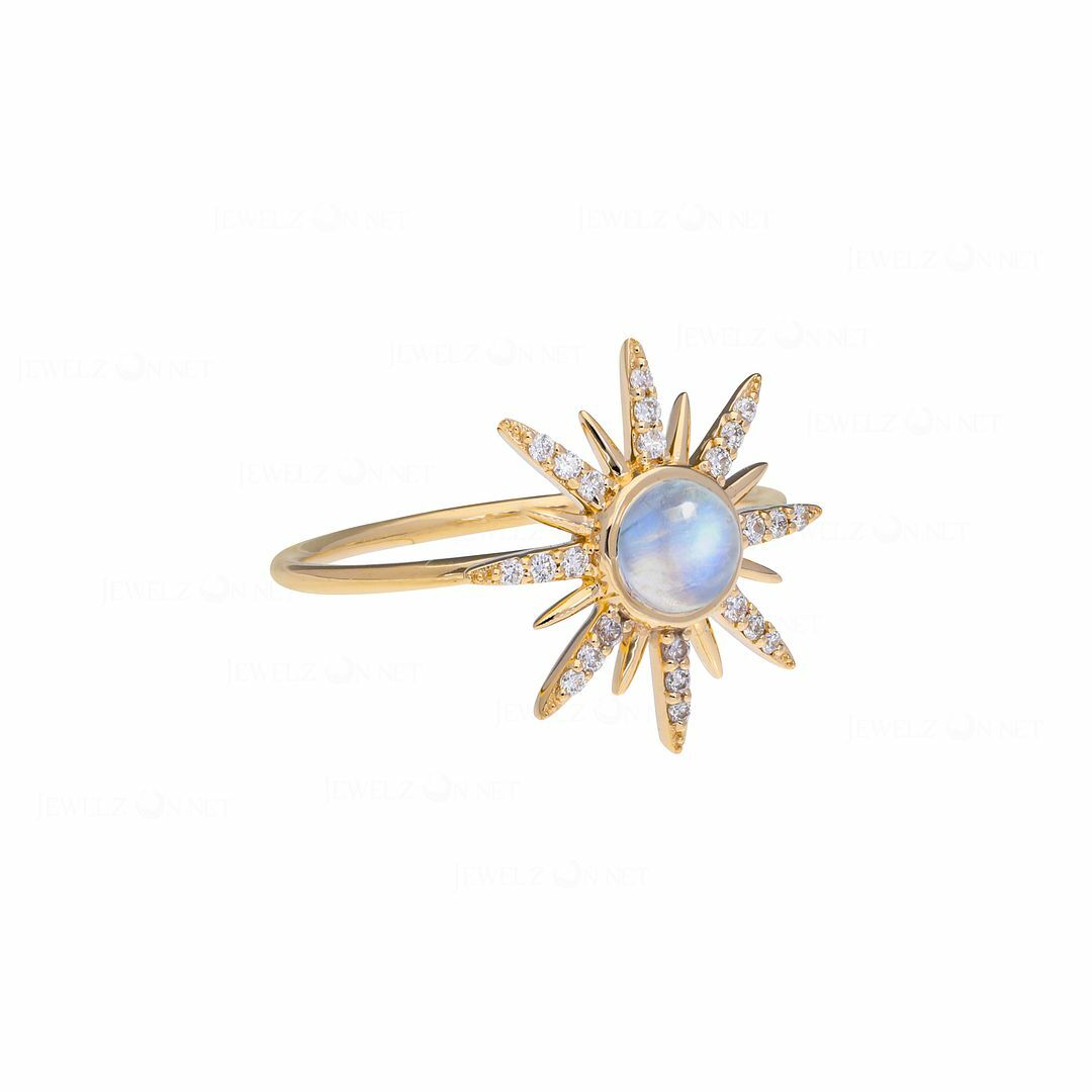 Pre-owned J.o.n 14k Gold Genuine Diamond And Rainbow Moonstone Rising Sun Ring Fine Jewelry In White