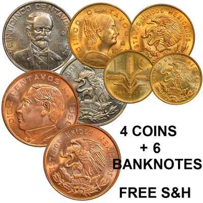 MEXICO SET 6 BANKNOTES LOT PLUS COINS 1970'S 1980'S 5 10 20 50 100 1000 pesos
