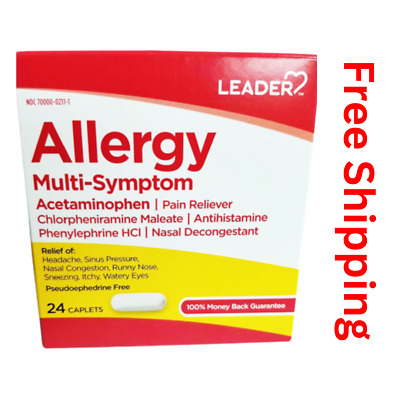 Pack of 12-Leader Allergy Multi-Symptom Acetaminophen Pain Reliever Caplets 24Ct