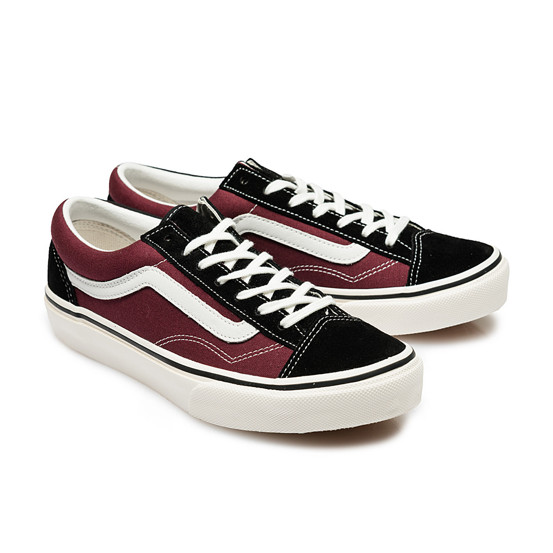 maroon vans with black stripe