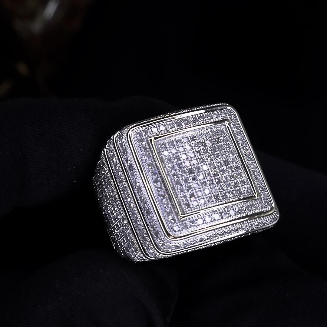 Pre-owned Sterling Iced Out Prong Setting Square Ring | Micro Pave Iced Cz Silver + Gold Plated