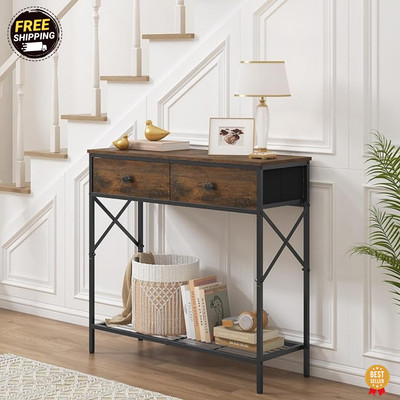 31.5 Rustic Console Table 2-Tier with Fabric Drawers Entryway Sofa Table Brown
