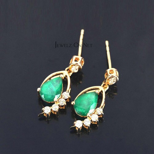 Pre-owned J.o.n 14k Gold Genuine Diamond And Pear Shape Emerald Gemstone Studs Fine Earrings In White