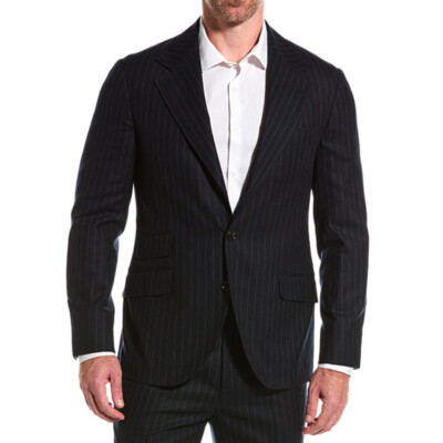 Pre-owned Brunello Cucinelli Men's 100% Virgin Wool Classic Striped Two Piece Suit In Blue