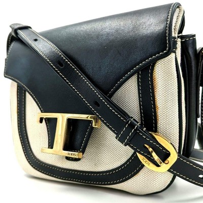 TOD'S T Timeless Shoulder Bag Canvas Leather Bi-color Black White