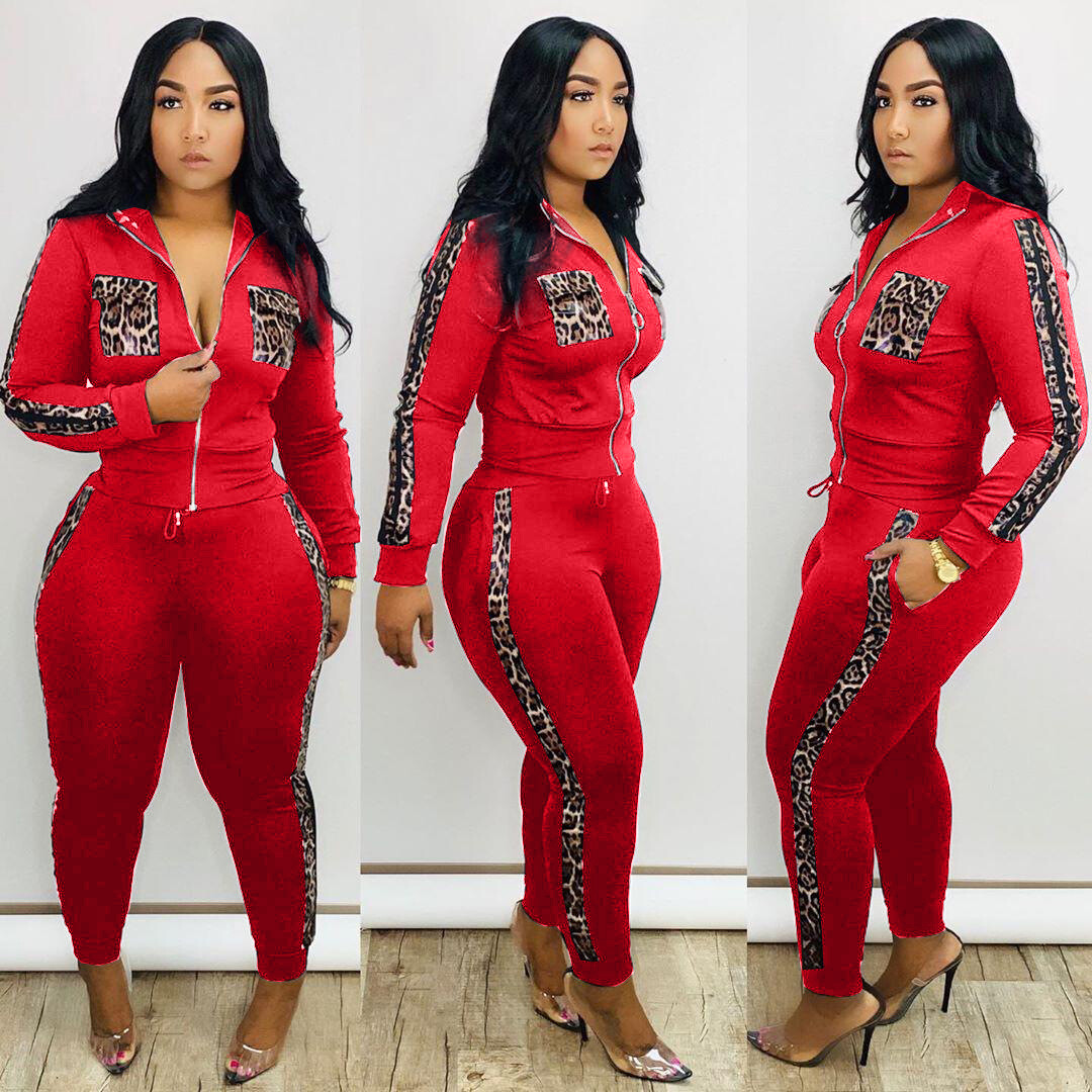 New Women Long Sleeve Pockets Printed Long Casual Sports Jumpsuit Tracksuits 2pc