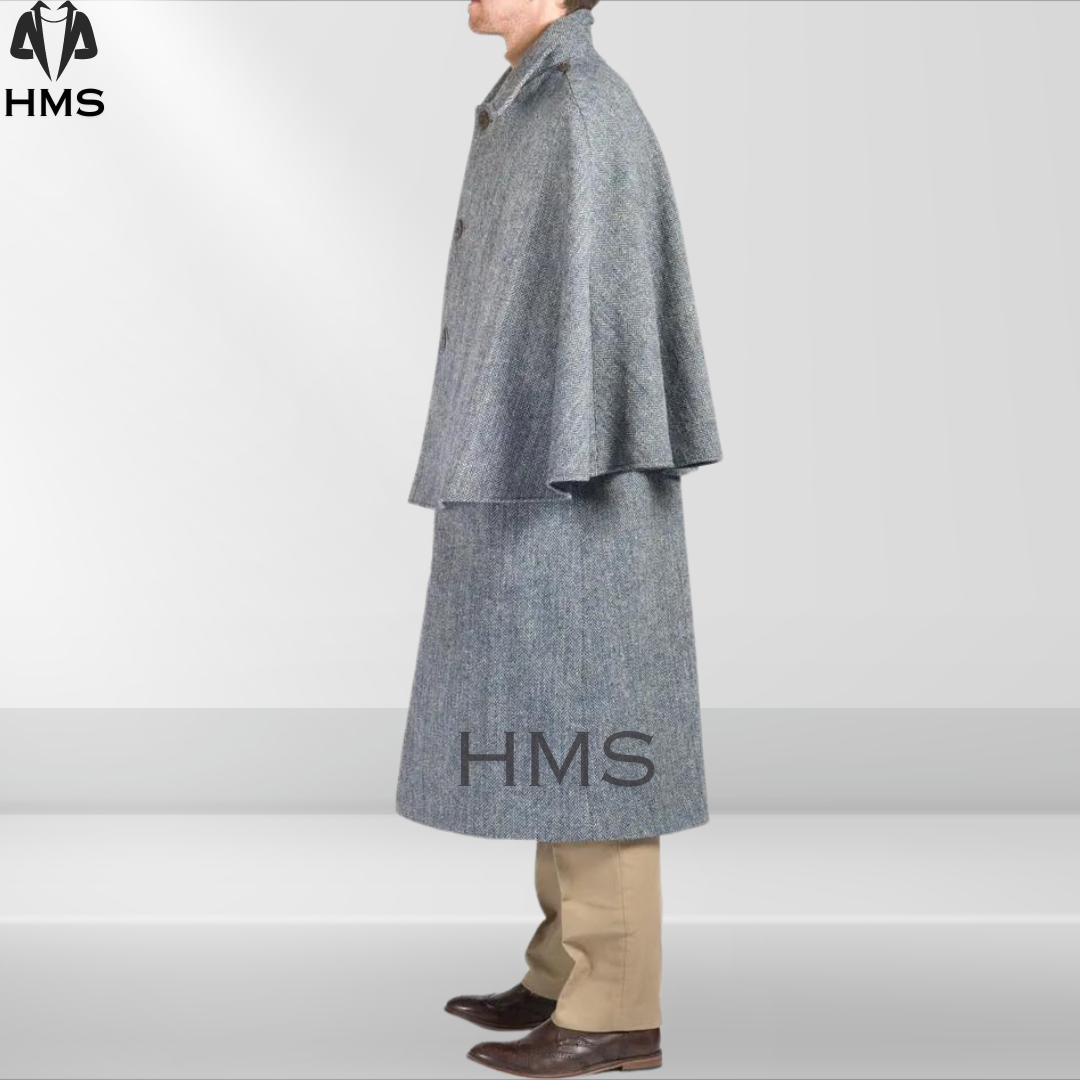 Pre-owned 100% Men's Gray Inverness Coat Heavy  Wool Long Jacket And Overcoat With Cape