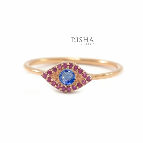 Pre-owned Irisha Designs 14k Gold Genuine Ruby And Blue Sapphire Evil Eye Charm Christmas Gift Ring