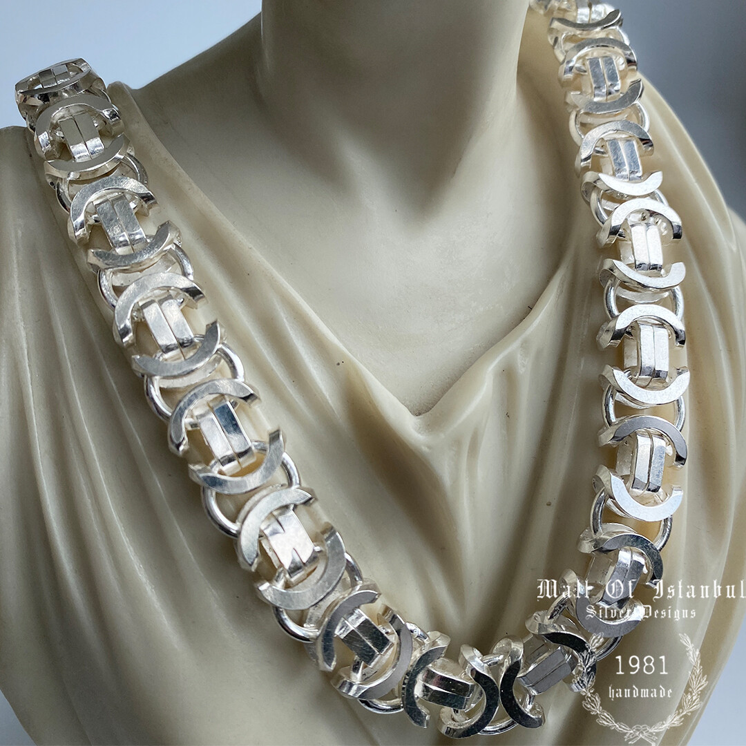 Pre-owned Handmade Mens Flat Byzantine Necklace Euro King 925 Sterling Silver 13mm 202gr 30.70"