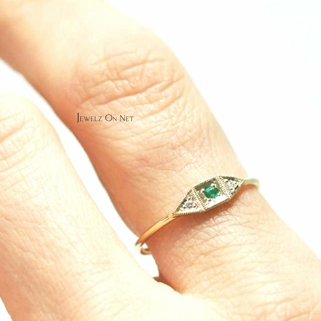 Pre-owned J.o.n 14k Gold Genuine Diamond And Emerald May Birthstone Baby Deco Ring Fine Jewelry In White