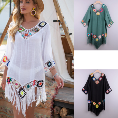 Vestidos De Verano Para Mujer Playa Ropa De Moda Tunica Con Flecos Tejidos  NEW 