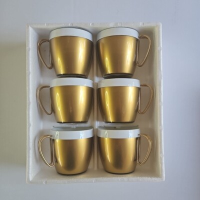 West Bend Insulated 6 Mugs Cups Thermo-Serv Gold White Metal Handles 3'' 