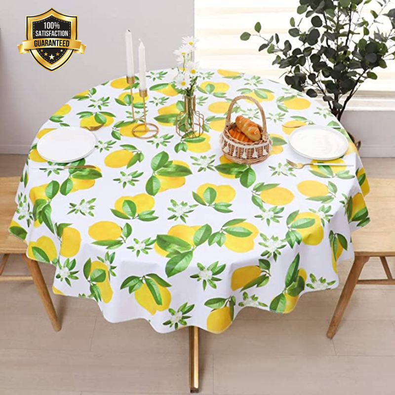 Waterproof Round Vinyl Flannel Backed Kitchen Lemon 60x60