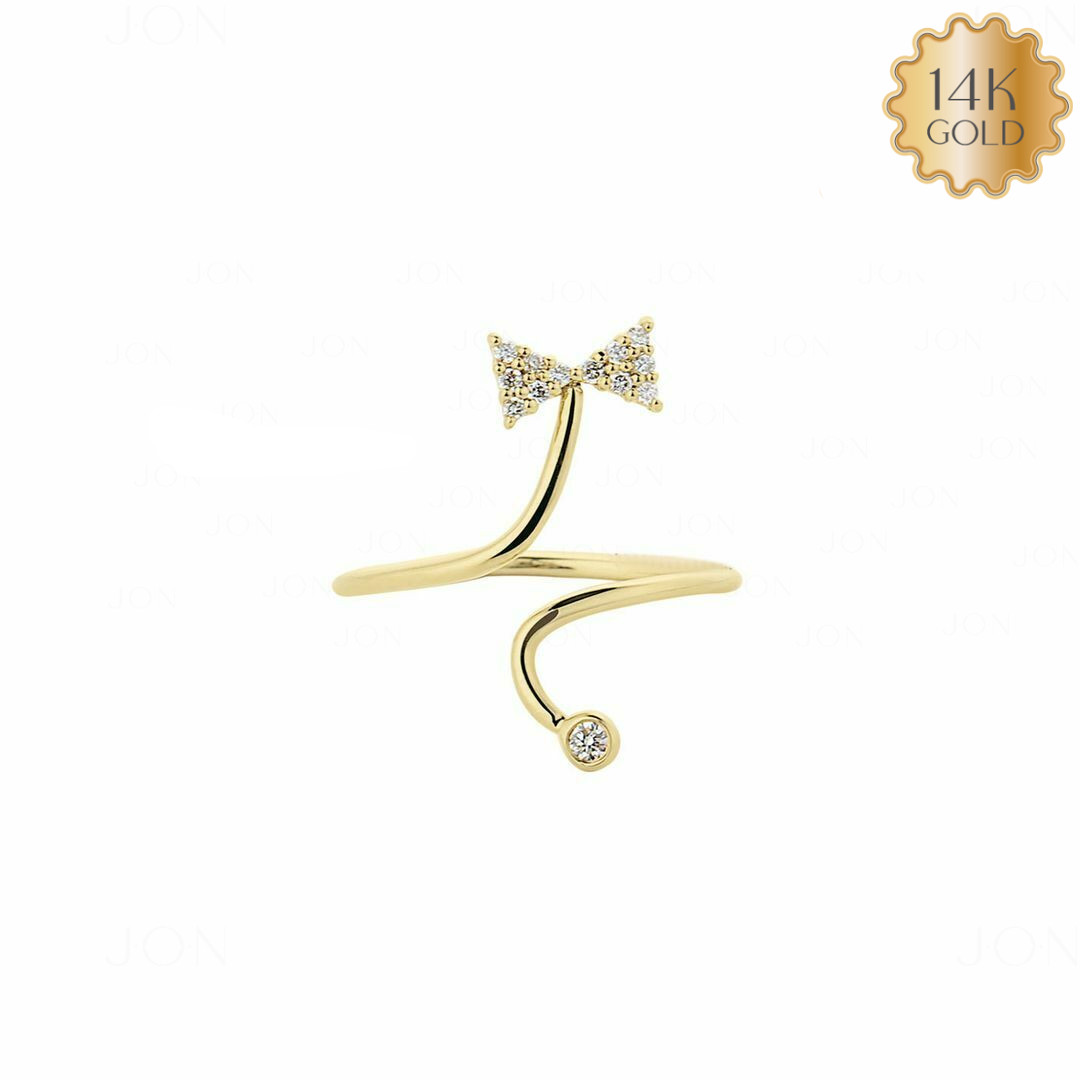 14K Gold 0.13 Ct Natural Diamond Delicate Bow Wrap Ring  -3 to 8 US-Jewelzofny