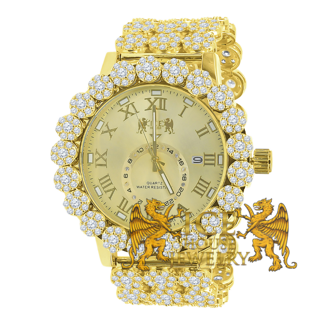 Pre-owned Ice House Icy Roman Face Gold Finish Xl 55mm Genuine Diamond Watch Custom Band & Dial