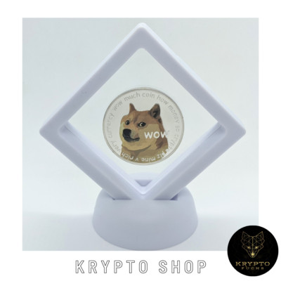 Dogecoin Doge Silber Krypto Münze mit weissen Display Geschenk NEU