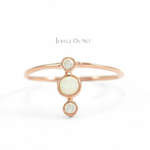 Pre-owned J.o.n 14k Gold Genuine Diamond And Opal Three Stone Ring Fine Jewelry Size - 3 To 8 Us In White