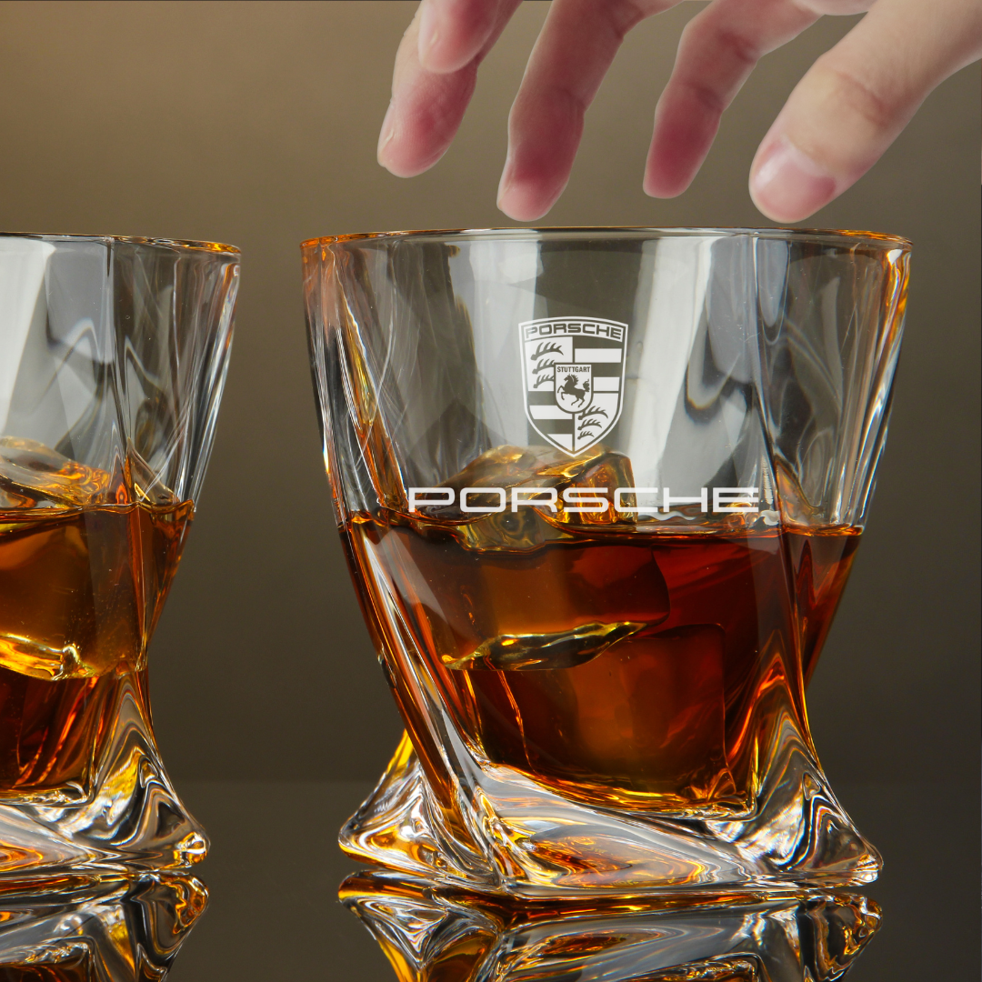Custom Engraved Porsche Whiskey Glass – 10 oz Twisted Rocks Glass