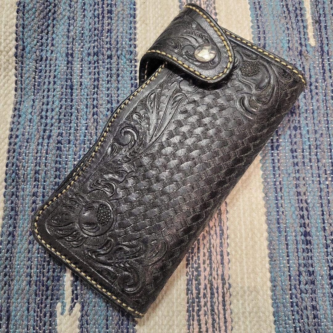 SAAD Biker leather Long wallet Black pocket engraved Japan