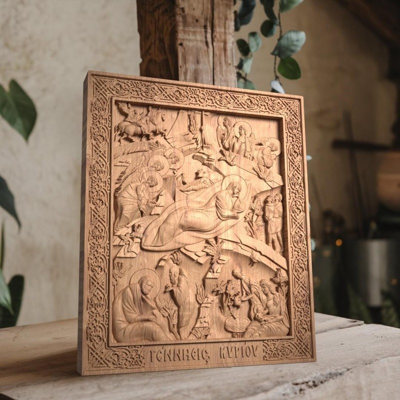 Nativity of Jesus Wooden Carved Handmade Byzantine Greek Orthodox Christian Icon