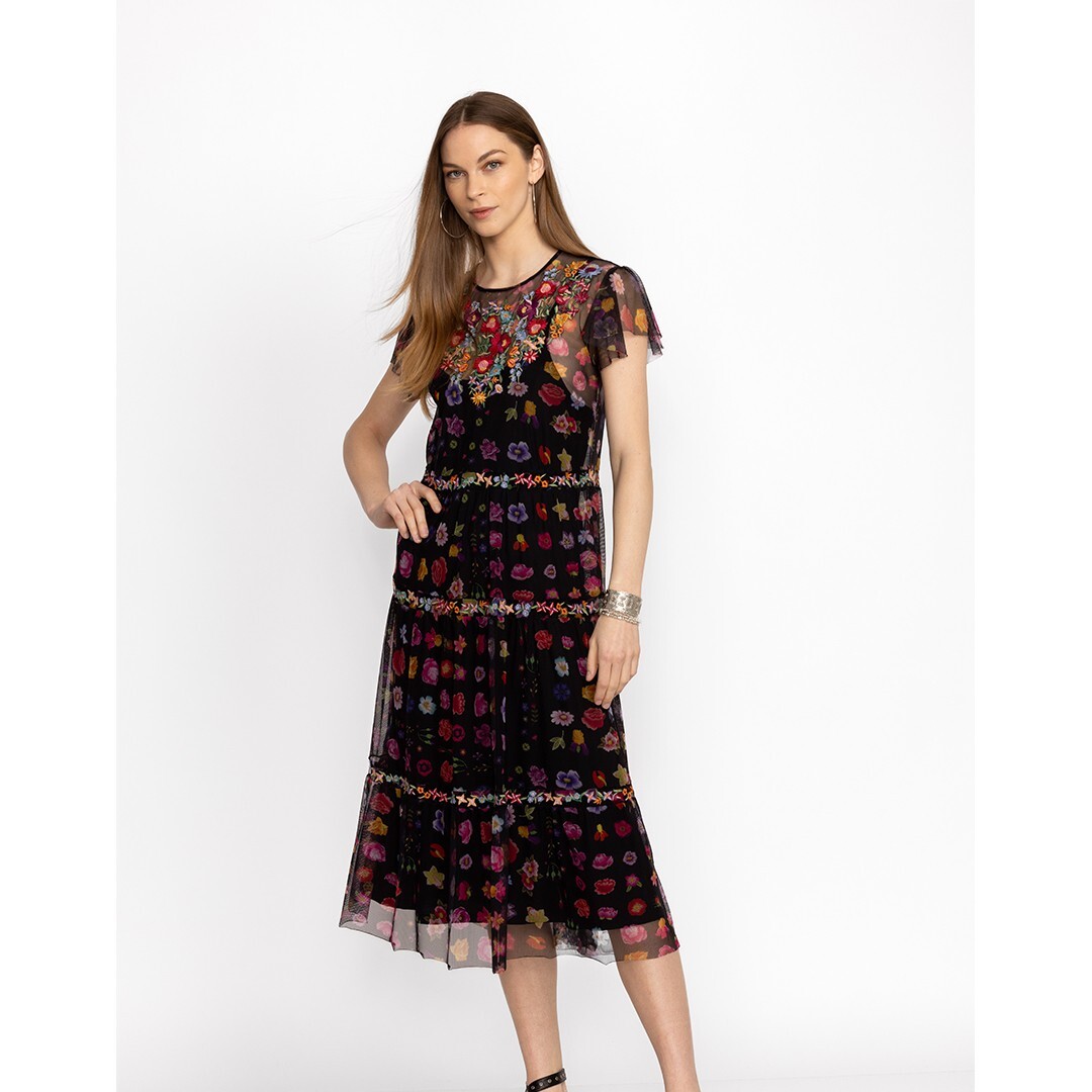 Pre-owned Johnny Was Rheia Tiered Mesh Slip Black Embroidery Short Sleeve Dress Medium