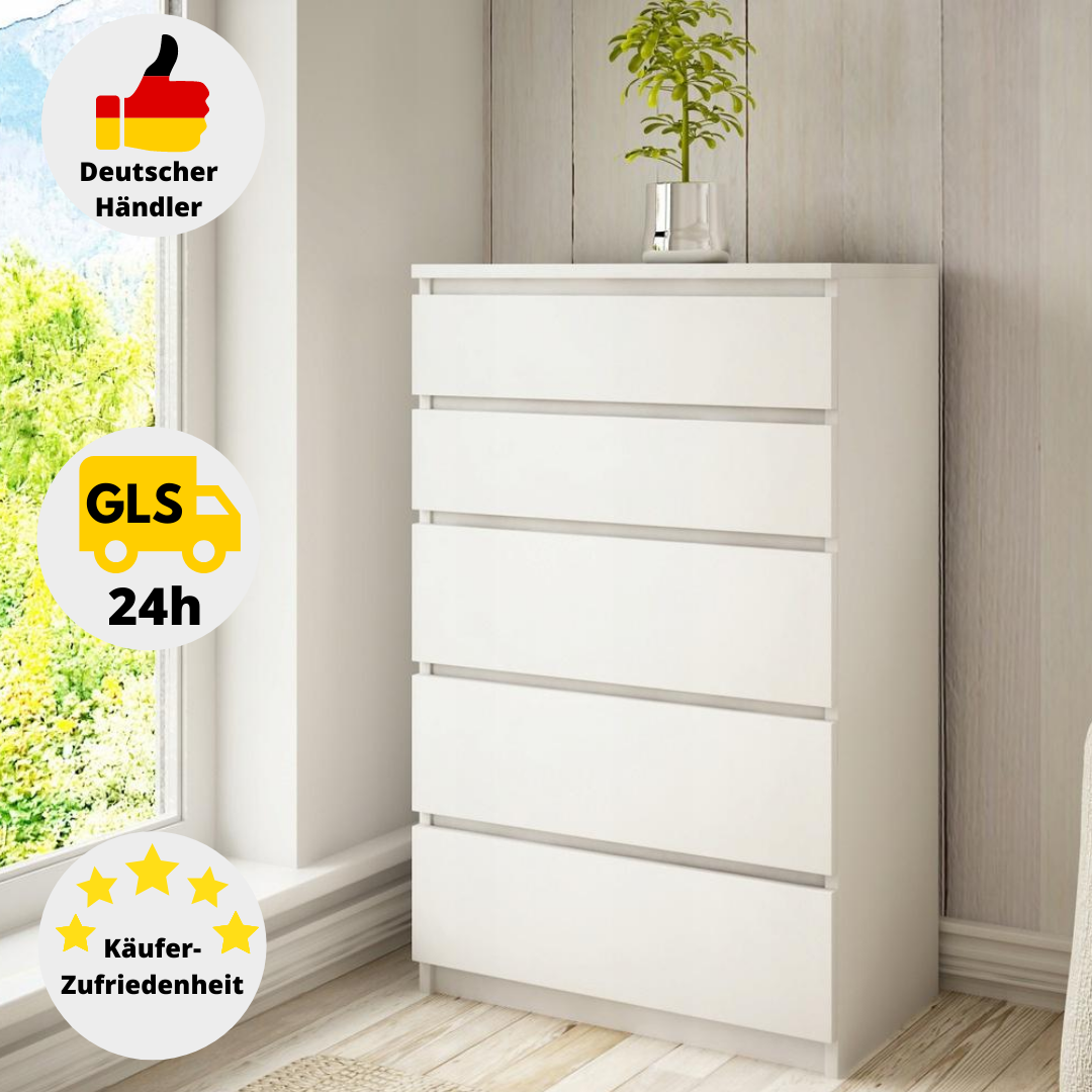 Kommode Weiß Sideboard mit 5 Schubladen Anrichte Schrank Modern Highboard 70 cm