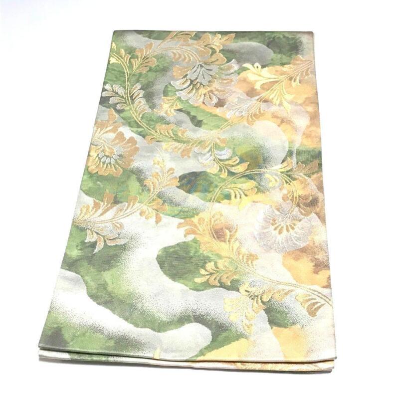 9212# Japanese Vintage Fukuro Obi Belt Kimono Pure Silk Flower Gold Green