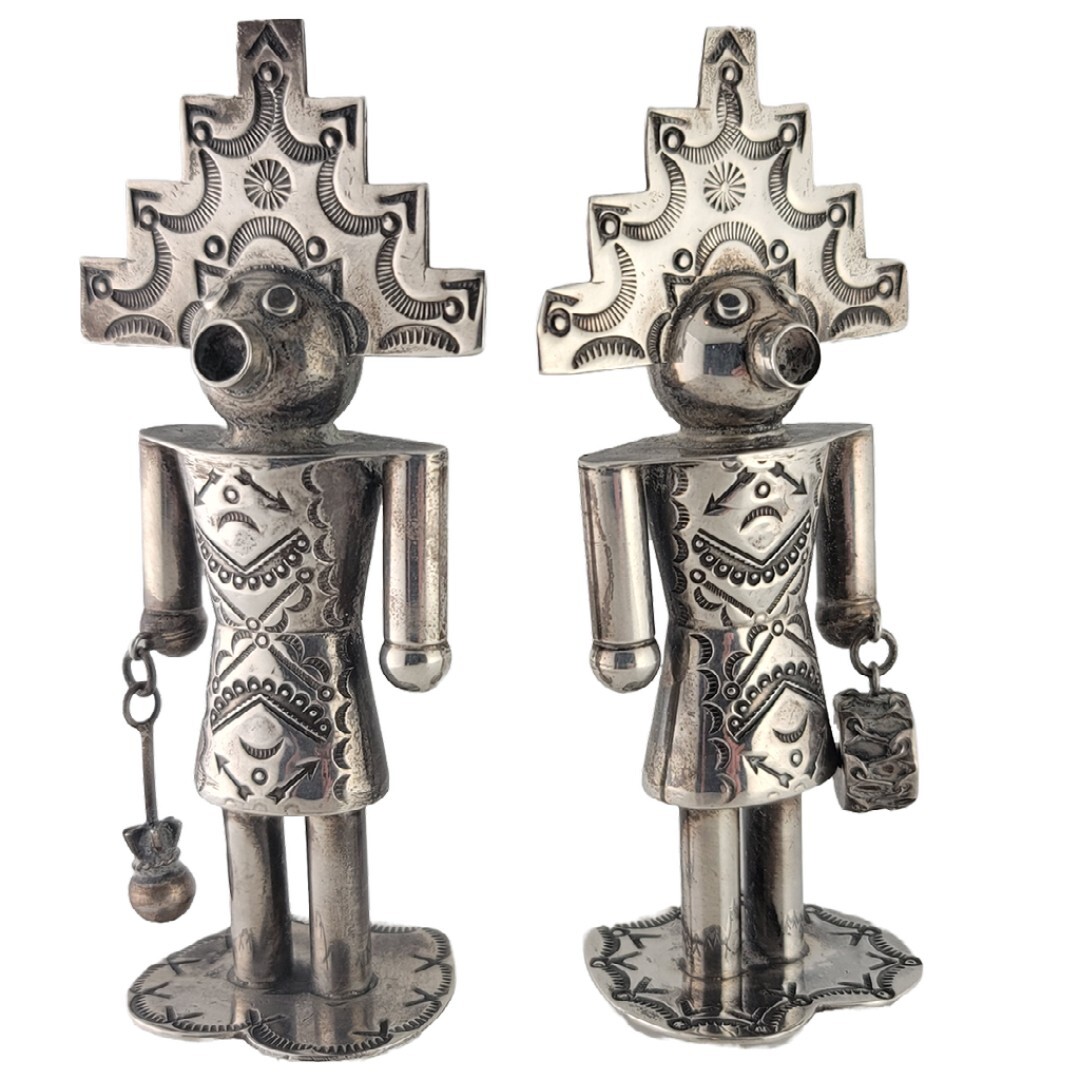 Rare Navajo Sterling pr Salt & Pepper Shakers figural & hand stamped decorations