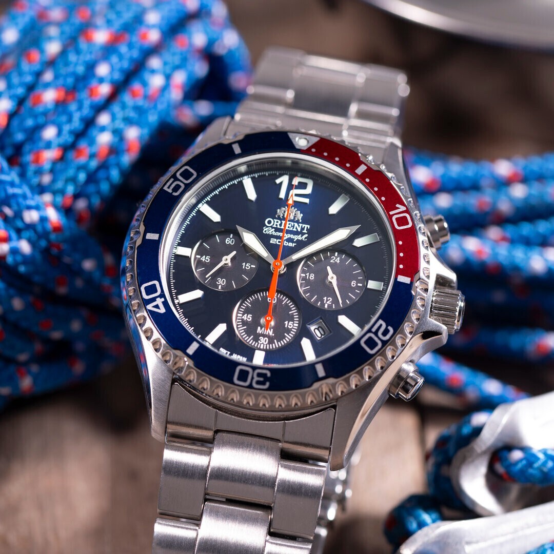 Pre-owned Orient Ra-tx0201l10b Mako Solar Chronograph Blue Face Analog Men's Diver's Watch