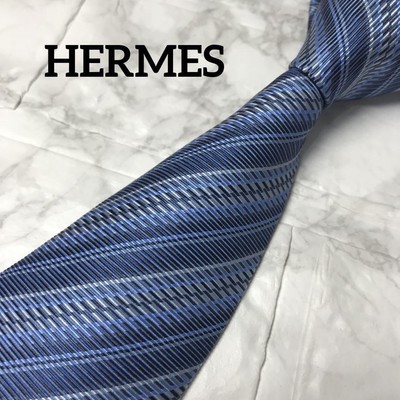 HERMES Tie H Pattern Striped Weave Bluee Business Formal