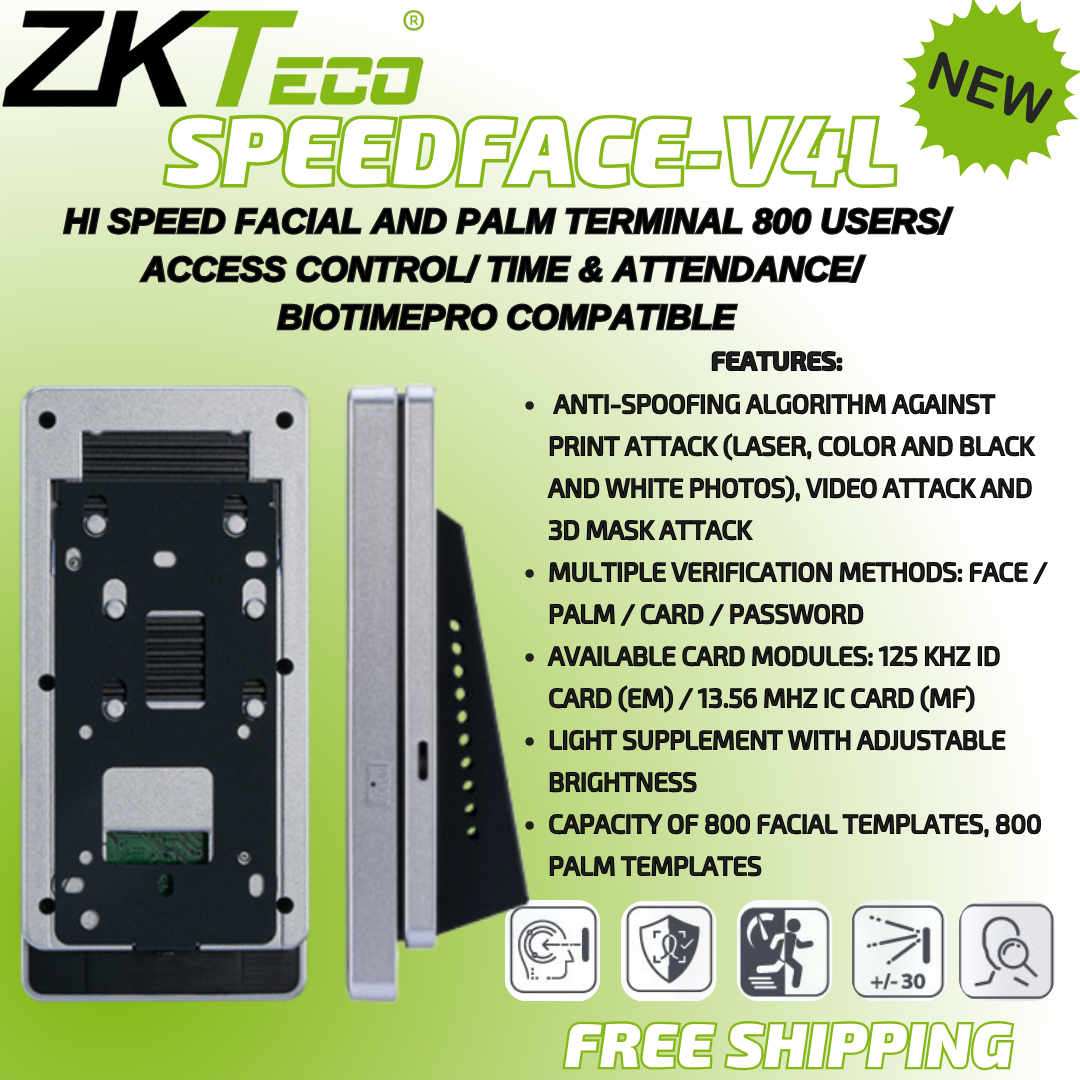 ZKTeco SPEEDFACE-V4L Hi Speed Facial and Palm Terminal 800 users/ Access Control