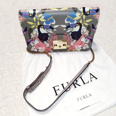 Furla Metropolis Mini Shoulder Bag Gray Bird Flower Gold Hardware Women's Used