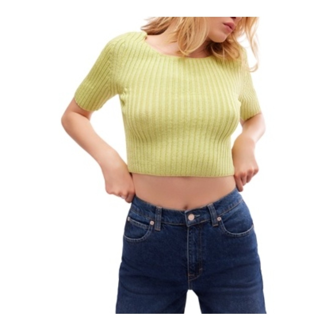 Free People Textured Short Sleeves Crop Sweater Top Women's S Sunny Lime Solid - Picture 1 of 16