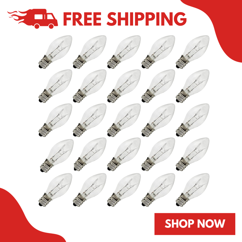 25-Pack 7W C7 Clear Night Light Bulbs, E12 Candelabra Base