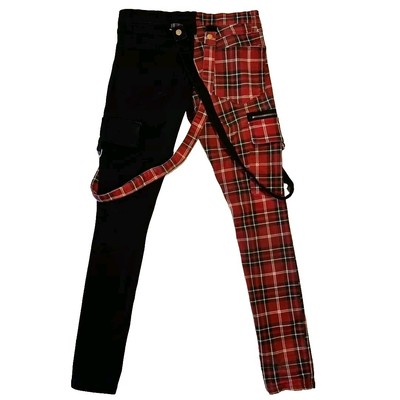 Hot Topic Stinger Jeans Red Plaid Black Split Leg Cargo Suspenders Mens 28x30