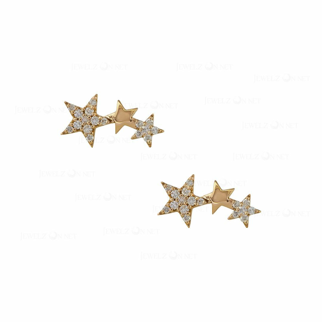 14K Gold Natural Diamond  Three Star Ear Climbers  Earrings-For Gifting