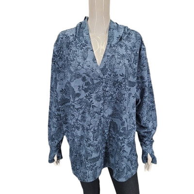 Cuddl Duds Comfortwear Long Sleeves V-Neck Hoodie 3X Plus Sz Allover Printed Top