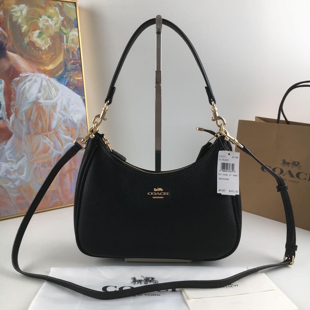 バッグ Coach Hobo Shoulder Bag leather black COACH SHOULDER HOBO HANDBAG BLACK LEATHER ZIPPED BRASS
