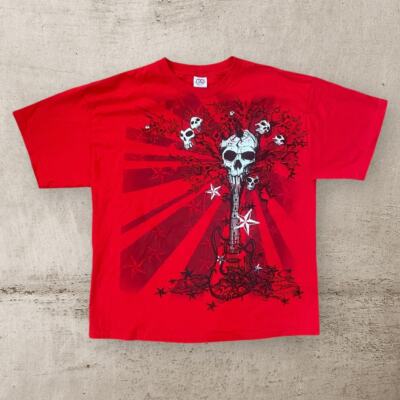 Vintage Y2K Cyber Grunge Tattoo Print Skull Guitar T Shirt