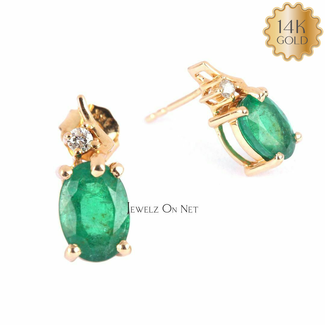 14K Gold Natural Diamond And Oval Cut Emerald Gemstone Tiny Studs Earrings